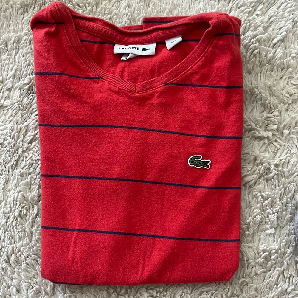 Large (10) Red with blue stripes Lacoste short sleeve boys shirt